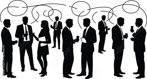 business, people, silhouettes, networking, communication, meeting, conference, party, event, businessmen, businesswomen, suits, ties, drinks Black silhouettes of business people talking and networking