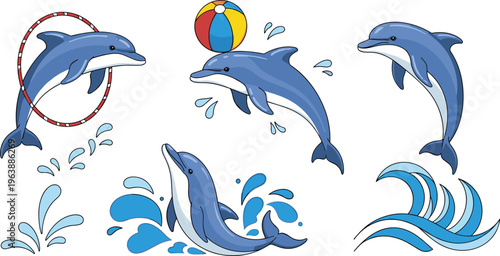 Dolphin Activity Set Featuring Jumping Splashing Playing with Ball and Hoop Marine Animal Collection Flat Vector Illustration Isolated on White Background