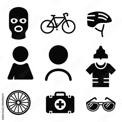 A set of nine black and white icons depicting various cycling related items and accessories vactor file