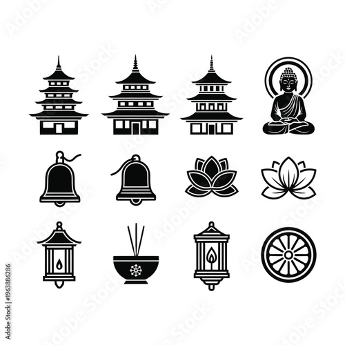 Black and white buddhist symbols and icons vactor file