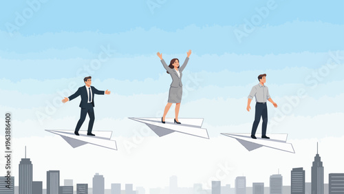 Business people flying on paper planes