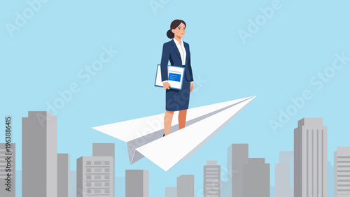 Businesswoman on paper airplane
