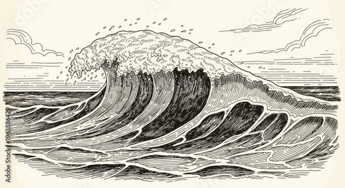 Engraved Illustration of a Crashing Ocean Wave