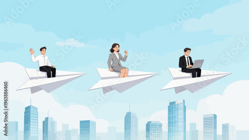 Business people flying on paper planes