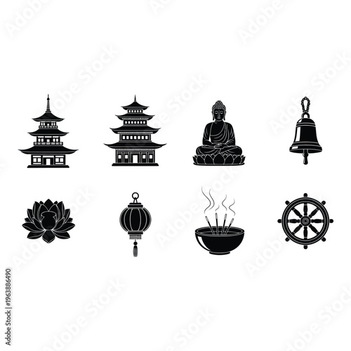 A set of eight black and white icons depicting various buddhist and asian cultural symbols vactor file