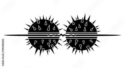 A black and white illustration of two virus particles colliding with each other.