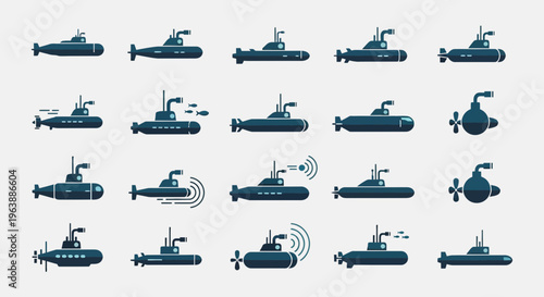 Set of Submarine Icons and Military Underwater Vessel Symbols