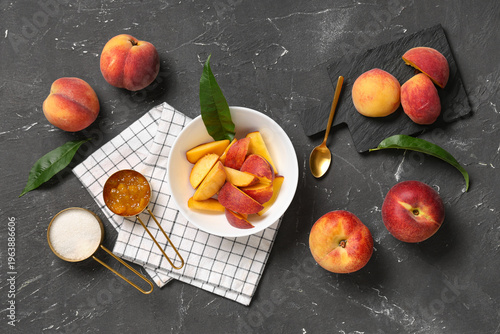 Sliced peaches in bowl, mea...