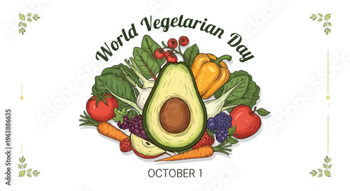 Avocado Surrounded by Fresh Vegetarian Food.