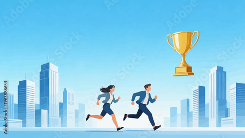 Business people running towards trophy