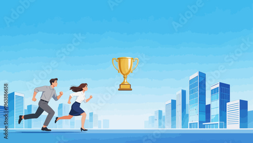 Business people running towards trophy