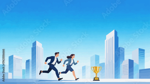 Business people running towards trophy