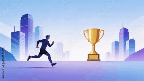 Runner chasing trophy in cityscape