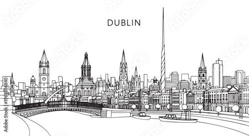 Canvas Print Dublin Ireland Skyline Black and White Illustration