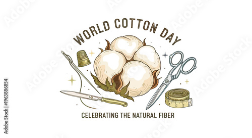 Cotton Bolls and Sewing Accessories Illustration.