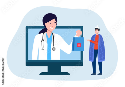 Telemedicine concept vector illustration. Patient video calling to see doctor using online technology through computer. Virtual doctor.