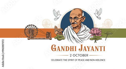 Gandhi Jayanti Illustration with Gandhi Portrait.