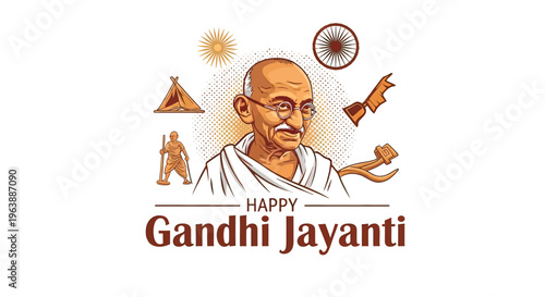 Gandhi Jayanti Illustration with Mahatma Gandhi Portrait.