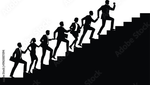 teamwork, business, stairs, success, silhouette, black, white background, people, helping, climbing, career, growth, support, motivatio Black silhouettes of businesspeople helping each other up stairs