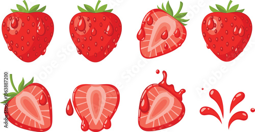 Juicy Strawberry Set Featuring Whole and Sliced Fruits with Splash Effects Fresh Berry Collection Flat Vector Illustration Isolated on White Background