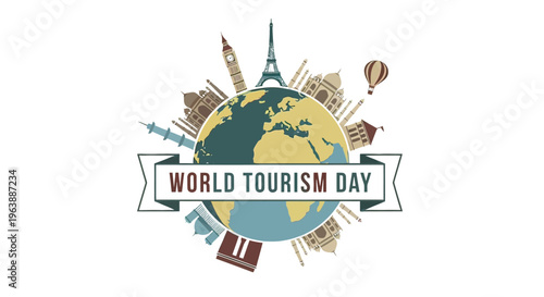 Globe with Tourism Icons and Banner.