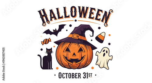 Halloween Pumpkin with Hat and Symbols.