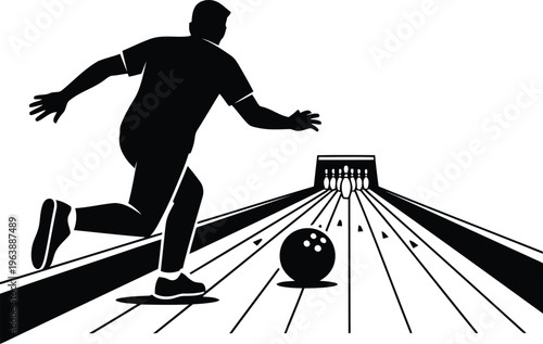 Silhouette of a male bowler releasing a ball down the lane towards the pins in a bowling alley