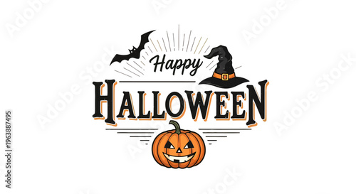 Halloween Text with Pumpkin and Bats.