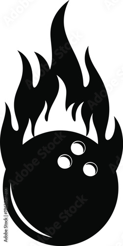 Black and white illustration of a bowling ball on fire with flames coming out of the top.