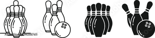 Collection of bowling pins and balls icons in both solid black and outline vector styles.
