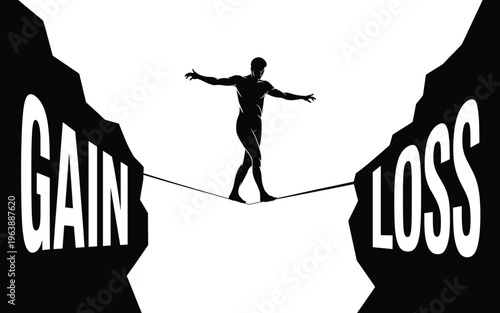 tightrope, balance, man, silhouette, gain, loss, cliffs, risk, challenge, balance beam, wire, precarious, white background, black and white, met Man balancing on tightrope between gain and loss cliffs