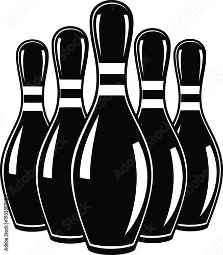 Black and white illustration of five bowling pins arranged in a classic triangular formation