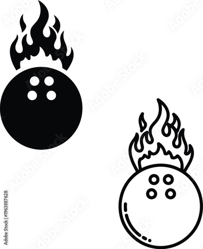 Vector illustration of a flaming bowling ball in solid black and outline versions
