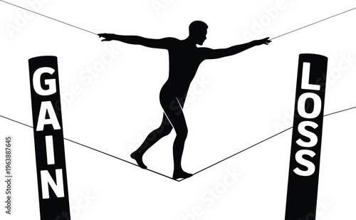 man, silhouette, tightrope, balance, gain, loss, risk, uncertainty, decision, black, white, metaphor, concept, balancing, between, signs, eith Man balancing on tightrope between gain and loss signs 1
