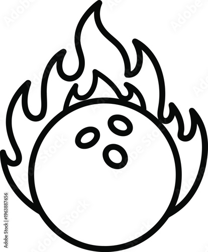 A black and white line art illustration of a bowling ball engulfed in flames on a white background.