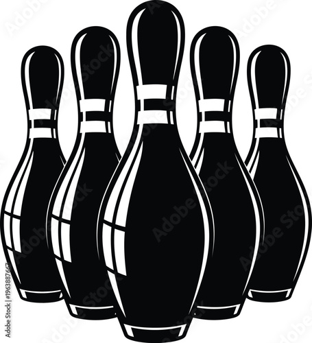 A black and white graphic illustration of five bowling pins arranged in a group.