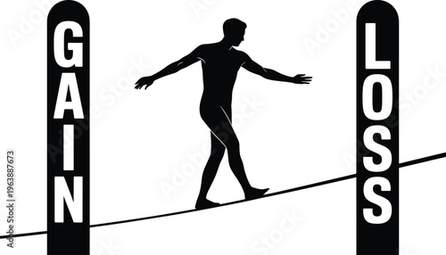 tightrope, balance, man, silhouette, gain, loss, risk, uncertainty, decision, balance beam, wire, signs, black and white, balancing, between, Man balancing on tightrope between gain and loss signs