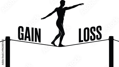 silhouette, man, tightrope, balance, gain, loss, risk, uncertainty, decision, black, white, metaphor, concept, balancing, between, Silhouette of a man balancing on a tightrope between gain and loss