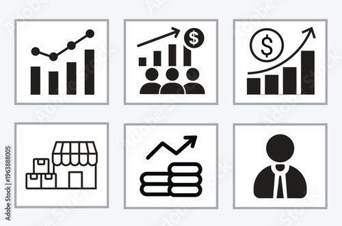 Business growth and financial profit market analysis icon set