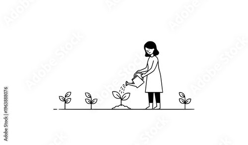 Minimal girl watering plant vector line art simple garden growth concept black and white illustration
