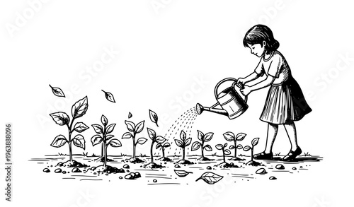 Girl watering sprout in garden black and white vector sketch nurturing plant growth illustration