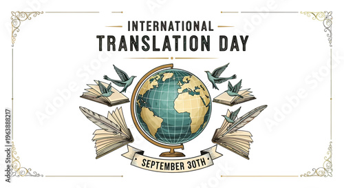 International Translation Day Poster with Globe and Books.