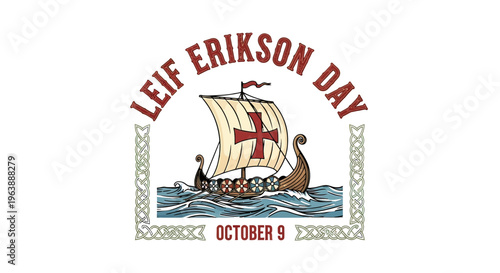 Leif Erikson Day Viking Ship Illustration.