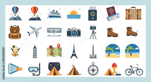 Set of Flat Travel and Tourism Icons for Vacation Planning