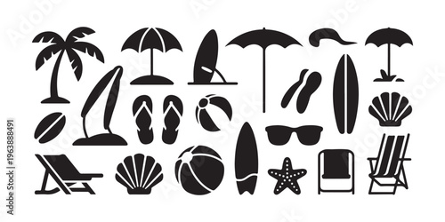 Vector set of tropical beach silhouettes including palm trees, umbrellas, lounge chairs, boats and cocktails. Black summer vacation icons ideal for travel design and decor.