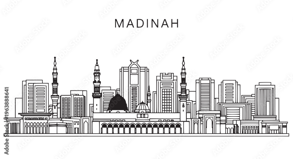 Fototapeta premium Madinah Cityscape Vector Illustration in Black and White