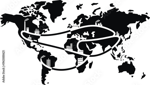 map, black and white, industrial buildings, factories, shipping routes, global trade, logistics, transportation, industry, manufacturi Black and white map with industrial buildings and shipping routes