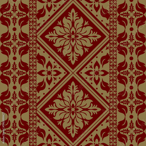 Symmetrical Thai floral diamond motif in rich crimson and gold — elegant, bold, timeless. Perfect for fabric, packaging, wallpaper and luxury branding.