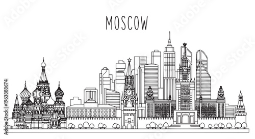Moscow Skyline Illustration Architectural Landmarks in Black and White