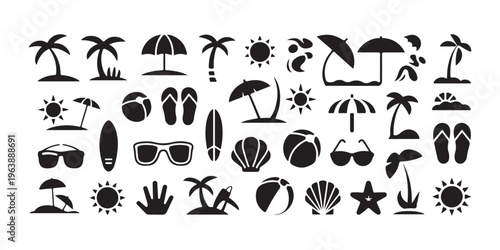 Vector set of tropical beach silhouettes including palm trees, umbrellas, lounge chairs, boats and cocktails. Black summer vacation icons ideal for travel design and decor.